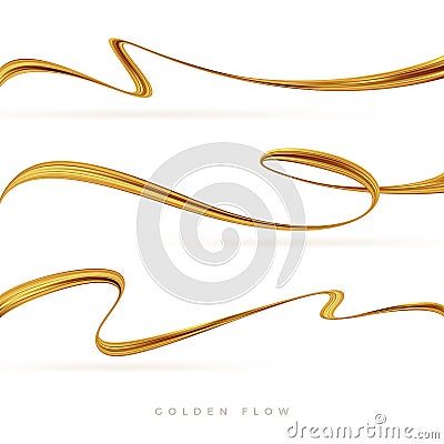 Set of golden flow wave. Golden paint brush stroke. Luxury flow design element. Abstract gold ribbon. Vector. Vector Illustration